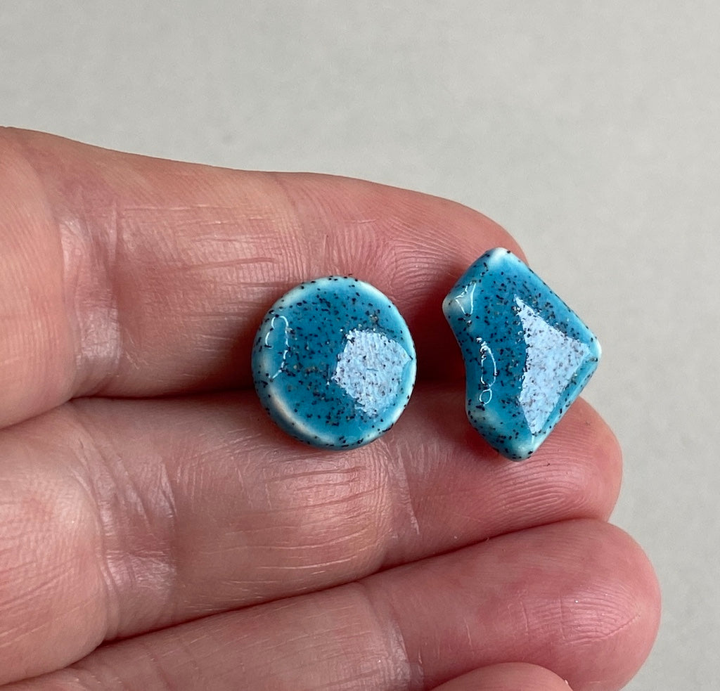 Stud Earrings Blue - Handmade Ceramic mismatched - sterling silver include P&P