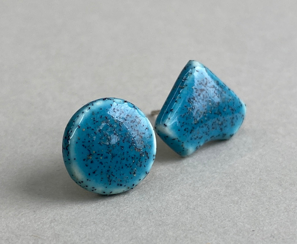 Stud Earrings Blue - Handmade Ceramic mismatched - sterling silver include P&P