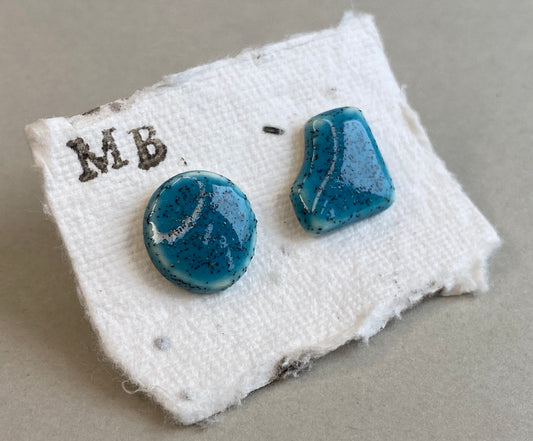 Stud Earrings Blue - Handmade Ceramic mismatched  - sterling silver include P&P