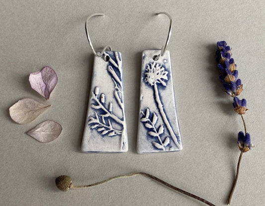 Ceramic Botanical Dangle Earrings - Navy Blue Glaze - Handmade Recycled Silver Wires