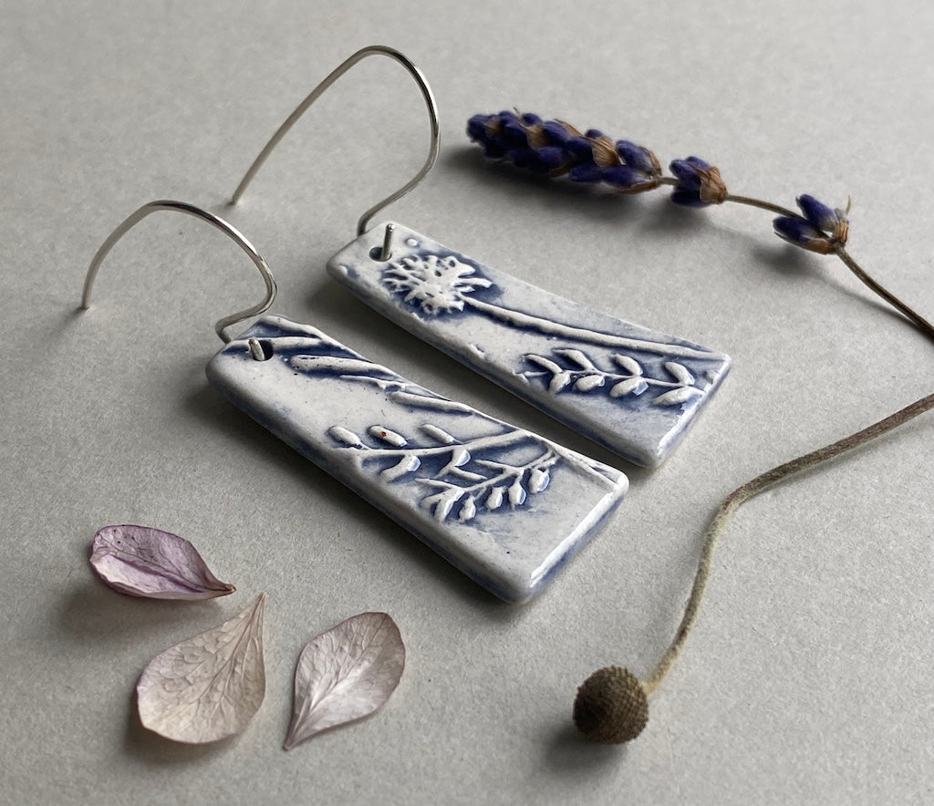 Ceramic Botanical Dangle Earrings - Navy Blue Glaze - Handmade Recycled Silver Wires