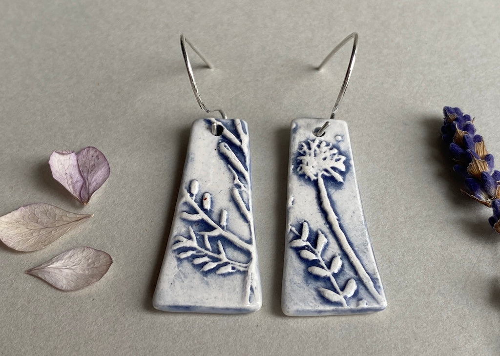 Ceramic Botanical Dangle Earrings - Navy Blue Glaze - Handmade Recycled Silver Wires