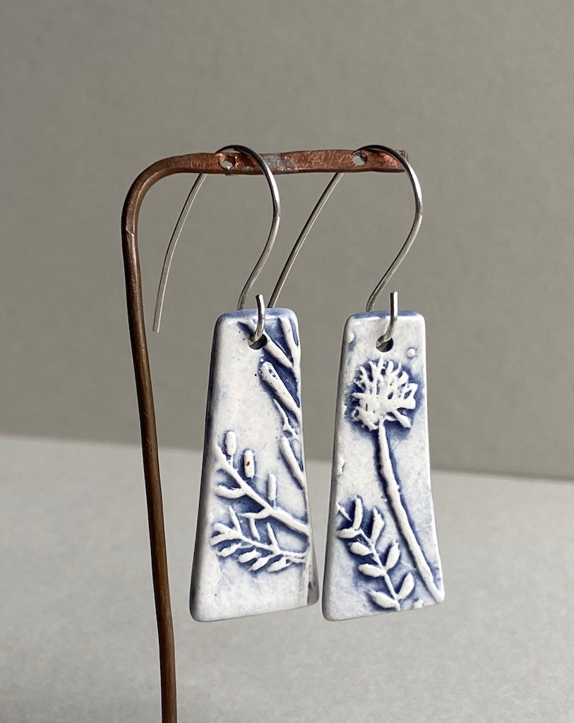 Ceramic Botanical Dangle Earrings - Navy Blue Glaze - Handmade Recycled Silver Wires