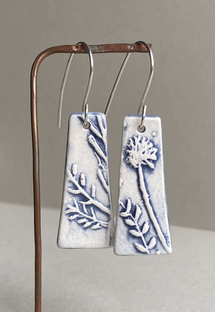 Ceramic Botanical Dangle Earrings - Navy Blue Glaze - Handmade Recycled Silver Wires