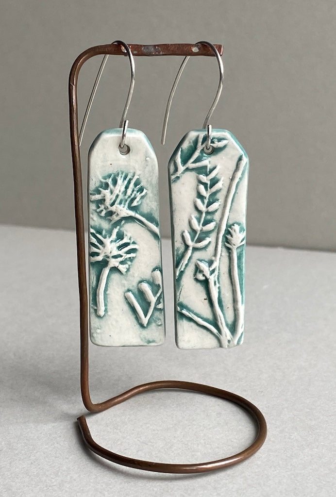 Ceramic Botanical Dangle Earrings - Sea Green Glaze - Handmade Recycled Silver Wires