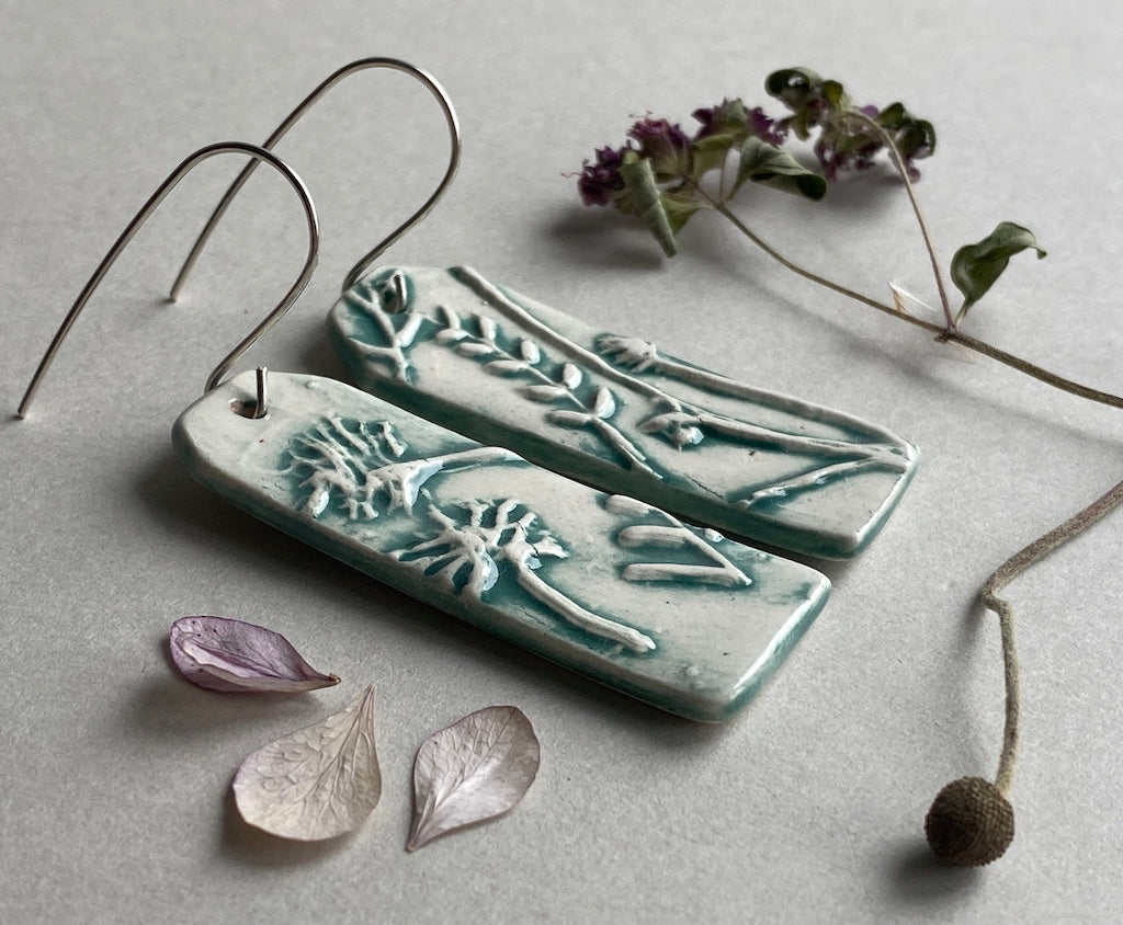 Ceramic Botanical Dangle Earrings - Sea Green Glaze - Handmade Recycled Silver Wires