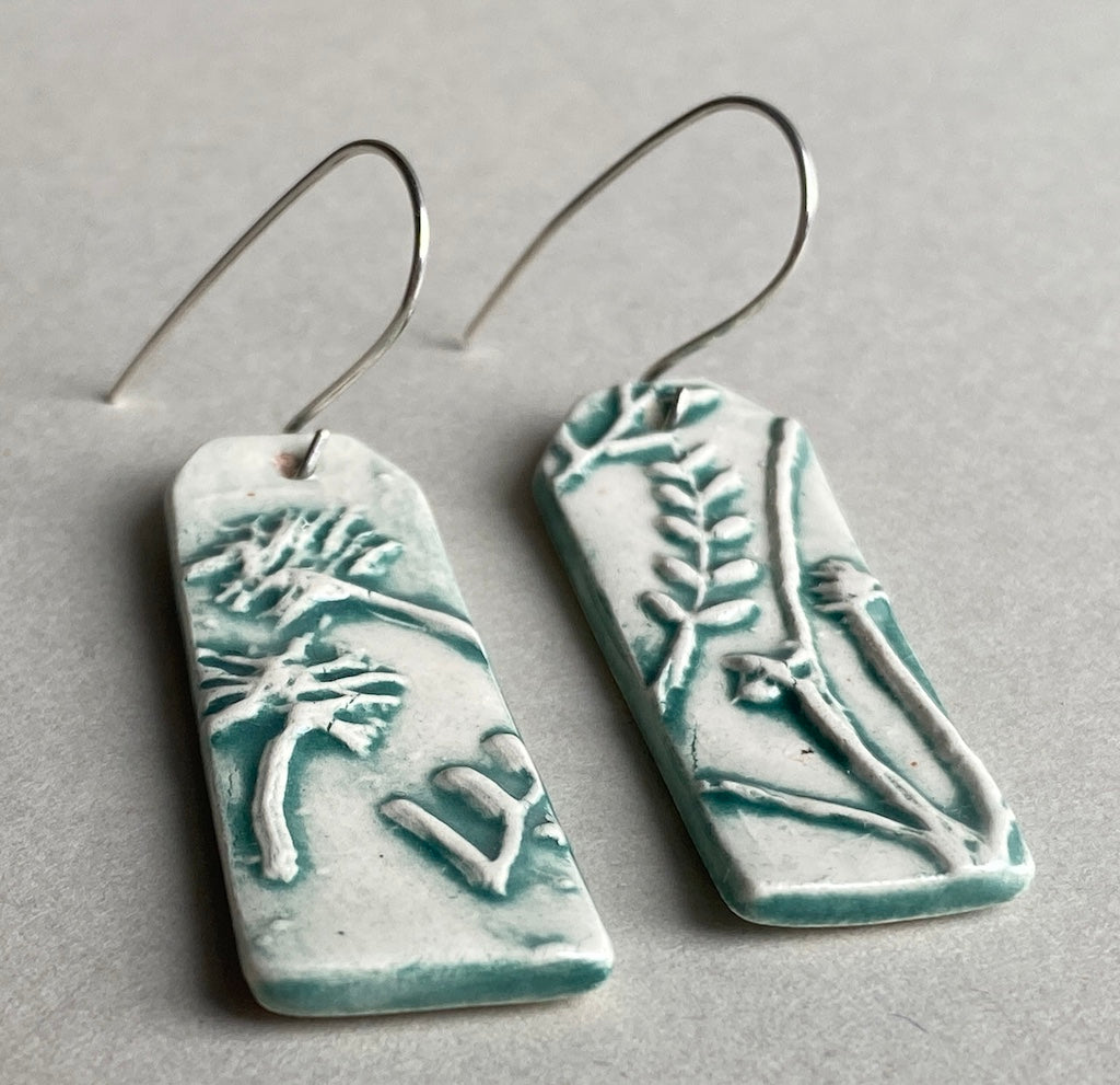 Ceramic Botanical Dangle Earrings - Sea Green Glaze - Handmade Recycled Silver Wires