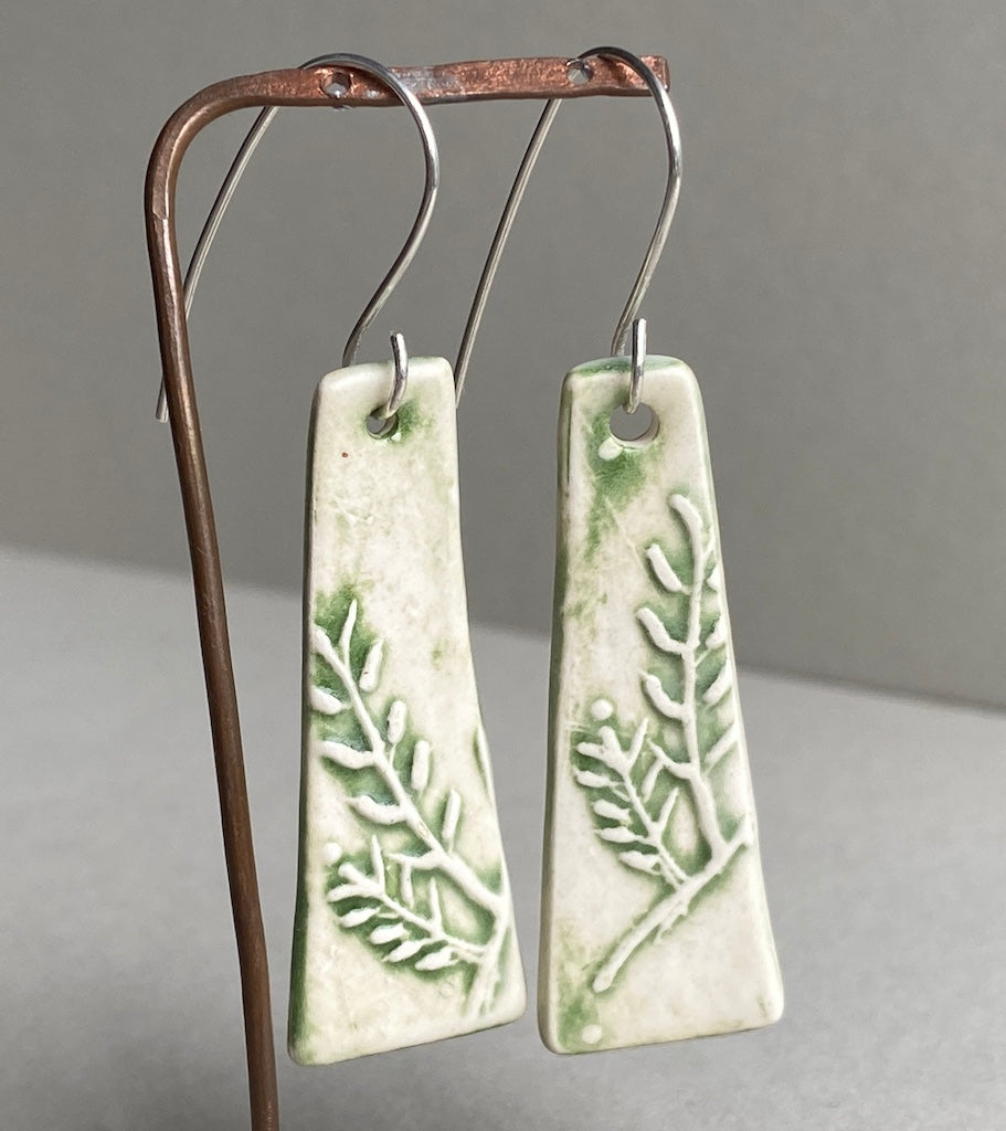 Ceramic Botanical Dangle Earrings - Forest Green Glaze - Handmade Recycled Silver Wires