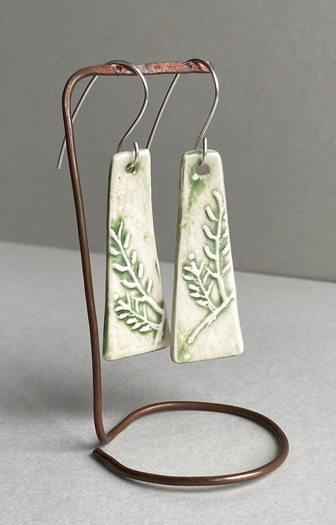 Ceramic Botanical Dangle Earrings - Forest Green Glaze - Handmade Recycled Silver Wires