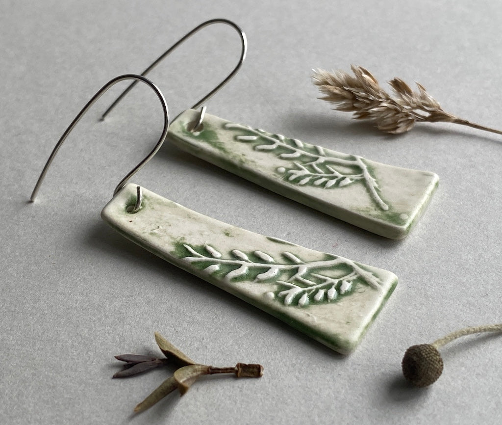 Ceramic Botanical Dangle Earrings - Forest Green Glaze - Handmade Recycled Silver Wires