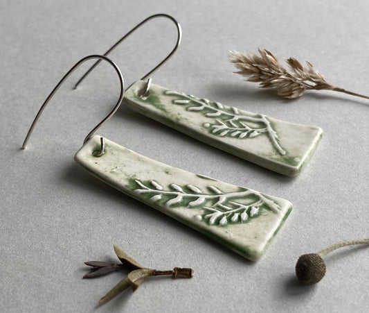 Ceramic Botanical Dangle Earrings - Forest Green Glaze - Handmade Recycled Silver Wires