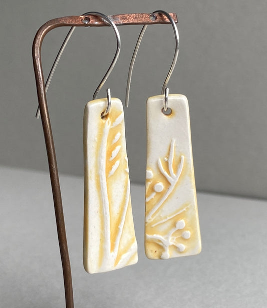 Ceramic Botanical Dangle Earrings - Yellow Glaze - Handmade Recycled Silver Wires