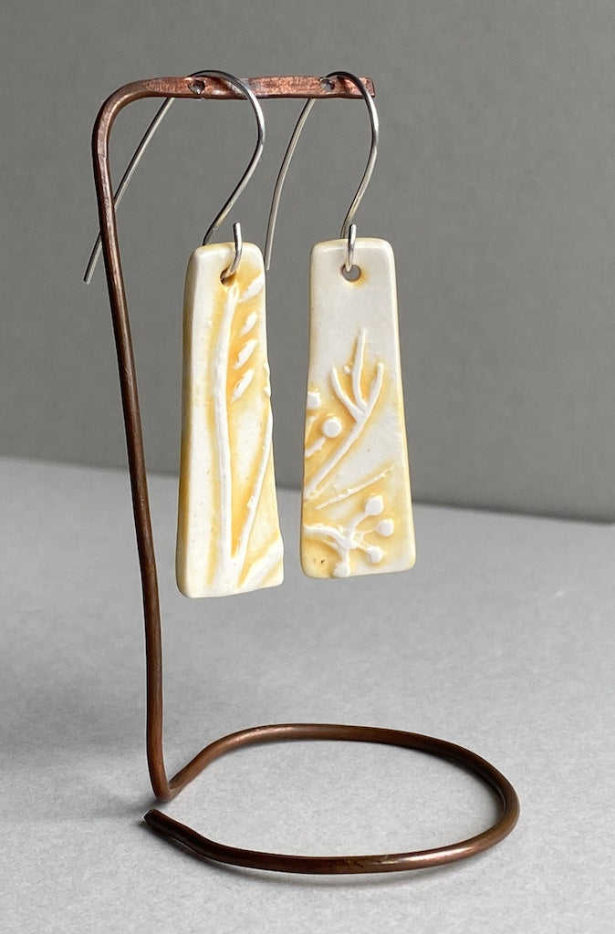 Ceramic Botanical Dangle Earrings - Yellow Glaze - Handmade Recycled Silver Wires