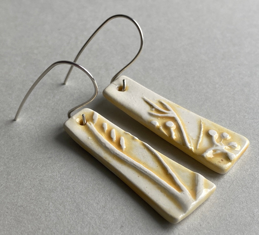 Ceramic Botanical Dangle Earrings - Yellow Glaze - Handmade Recycled Silver Wires