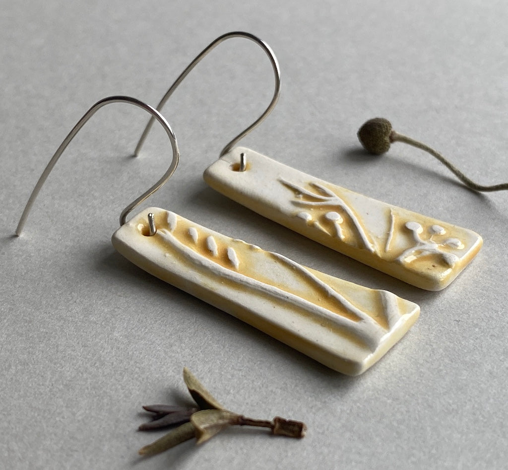 Ceramic Botanical Dangle Earrings - Yellow Glaze - Handmade Recycled Silver Wires