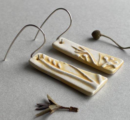 Ceramic Botanical Dangle Earrings - Yellow Glaze - Handmade Recycled Silver Wires