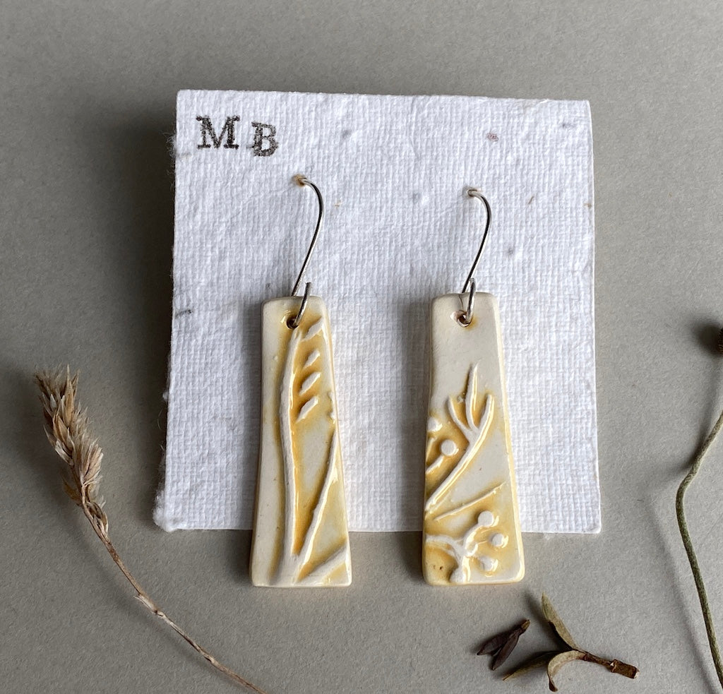 Ceramic Botanical Dangle Earrings - Yellow Glaze - Handmade Recycled Silver Wires