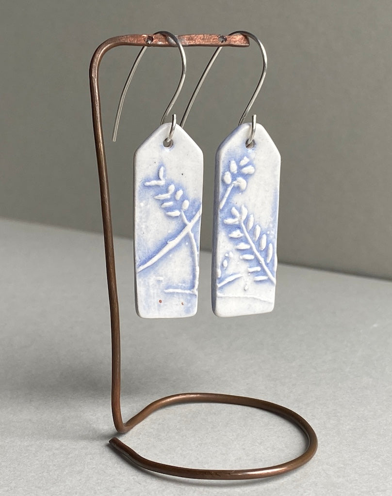 Ceramic Botanical Dangle Earrings - Lilac Blue Glaze - Handmade Recycled Silver Wires