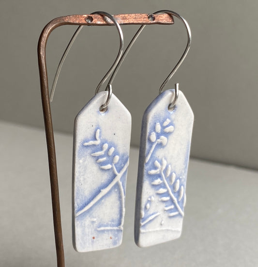 Ceramic Botanical Dangle Earrings - Lilac Blue Glaze - Handmade Recycled Silver Wires