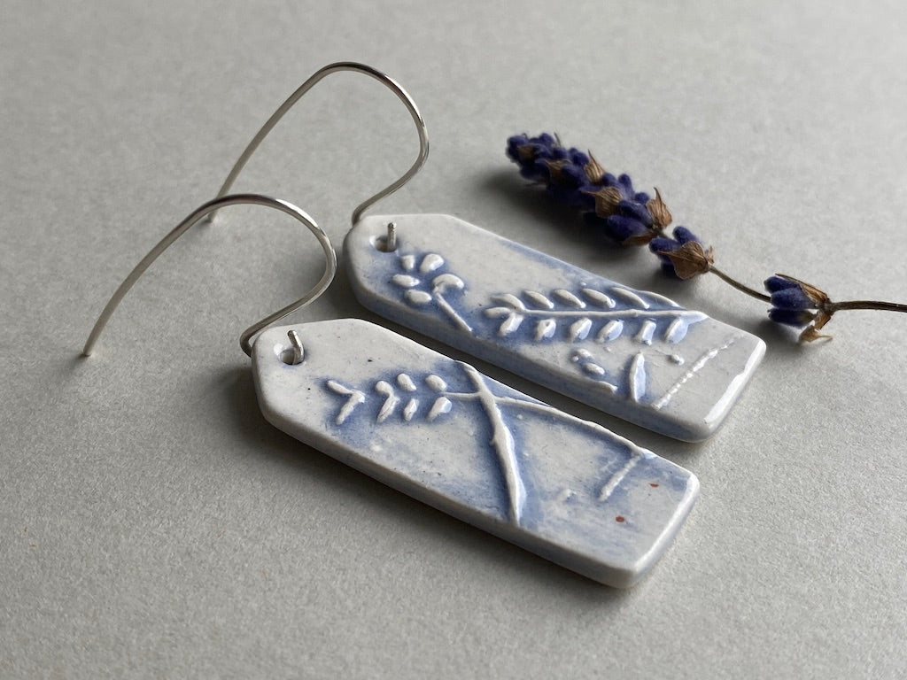 Ceramic Botanical Dangle Earrings - Lilac Blue Glaze - Handmade Recycled Silver Wires