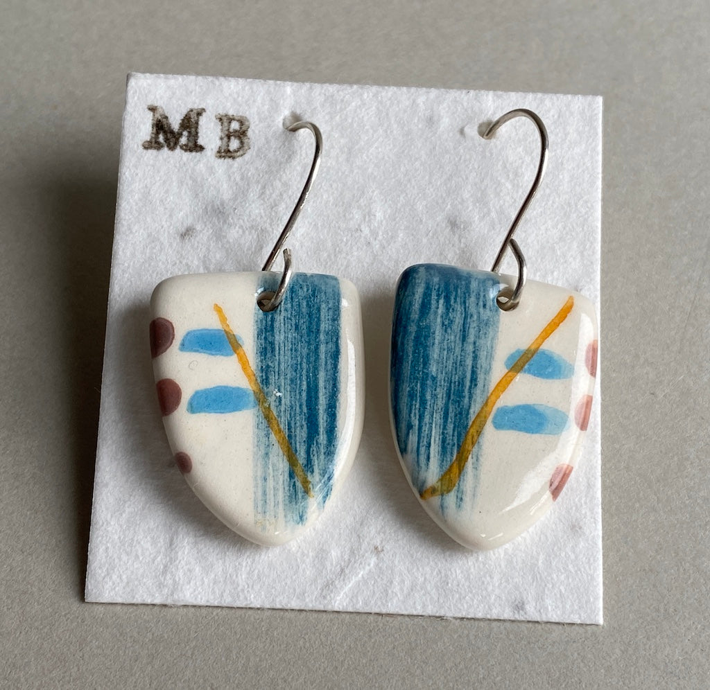 Ceramic Coastal Dangle Earrings - Navy Blue Glaze - Handmade Recycled Silver Wires