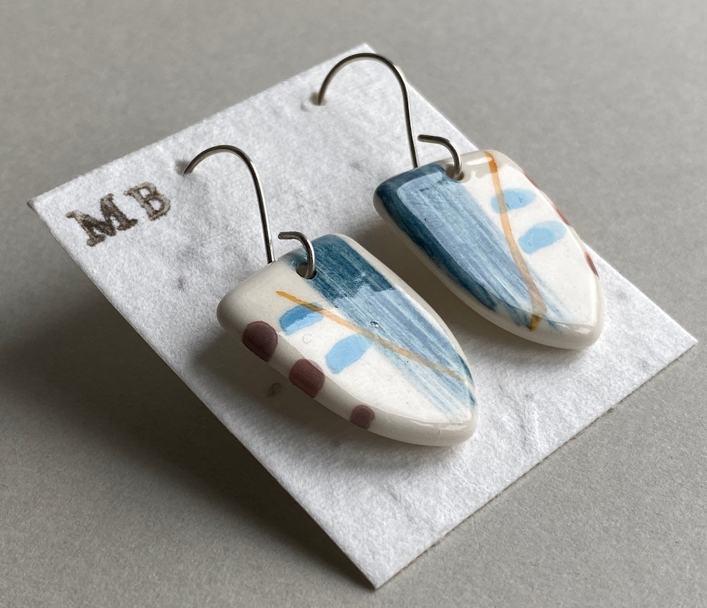 Ceramic Coastal Dangle Earrings - Navy Blue Glaze - Handmade Recycled Silver Wires