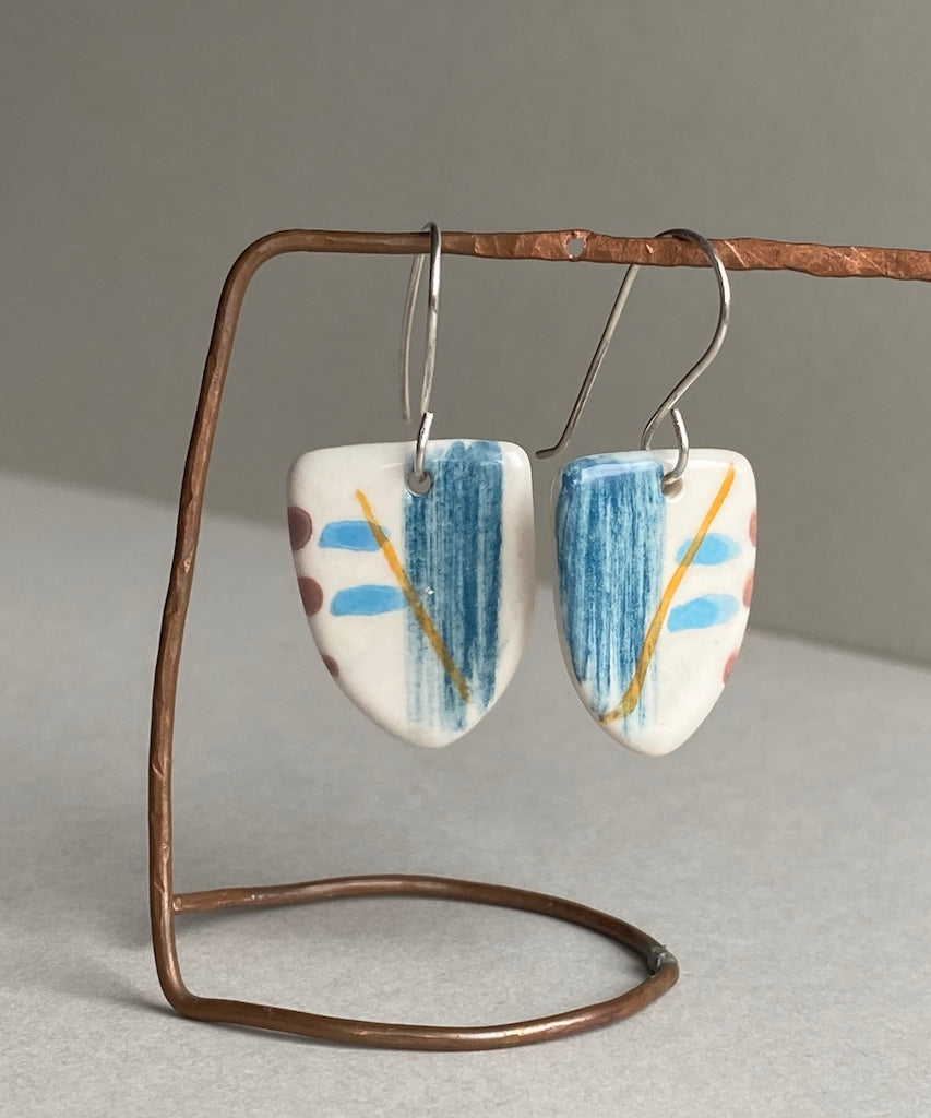 Ceramic Coastal Dangle Earrings - Navy Blue Glaze - Handmade Recycled Silver Wires