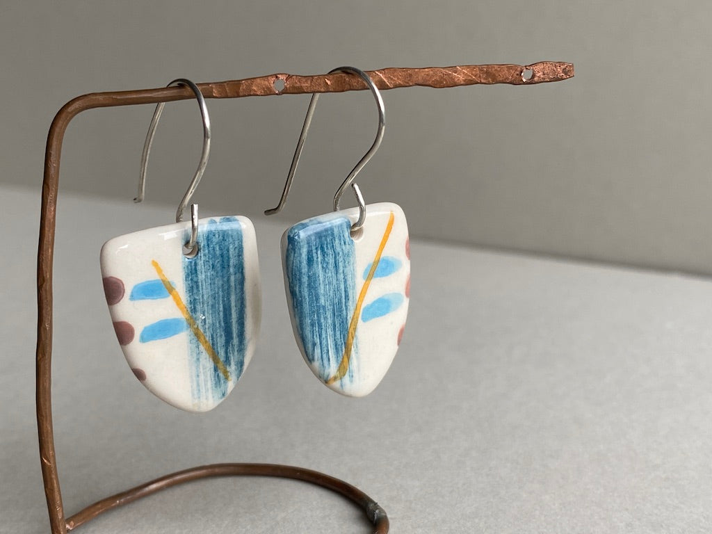 Ceramic Coastal Dangle Earrings - Navy Blue Glaze - Handmade Recycled Silver Wires