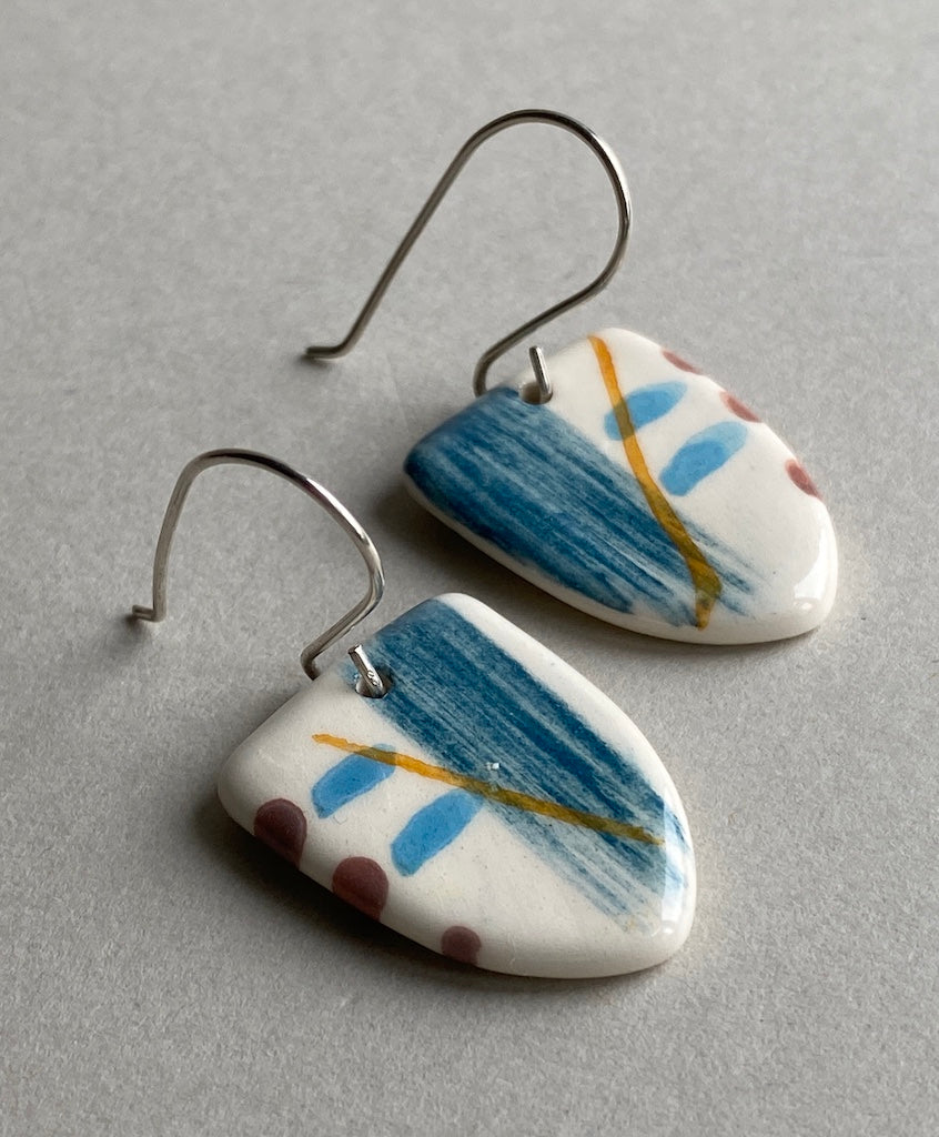 Ceramic Coastal Dangle Earrings - Navy Blue Glaze - Handmade Recycled Silver Wires