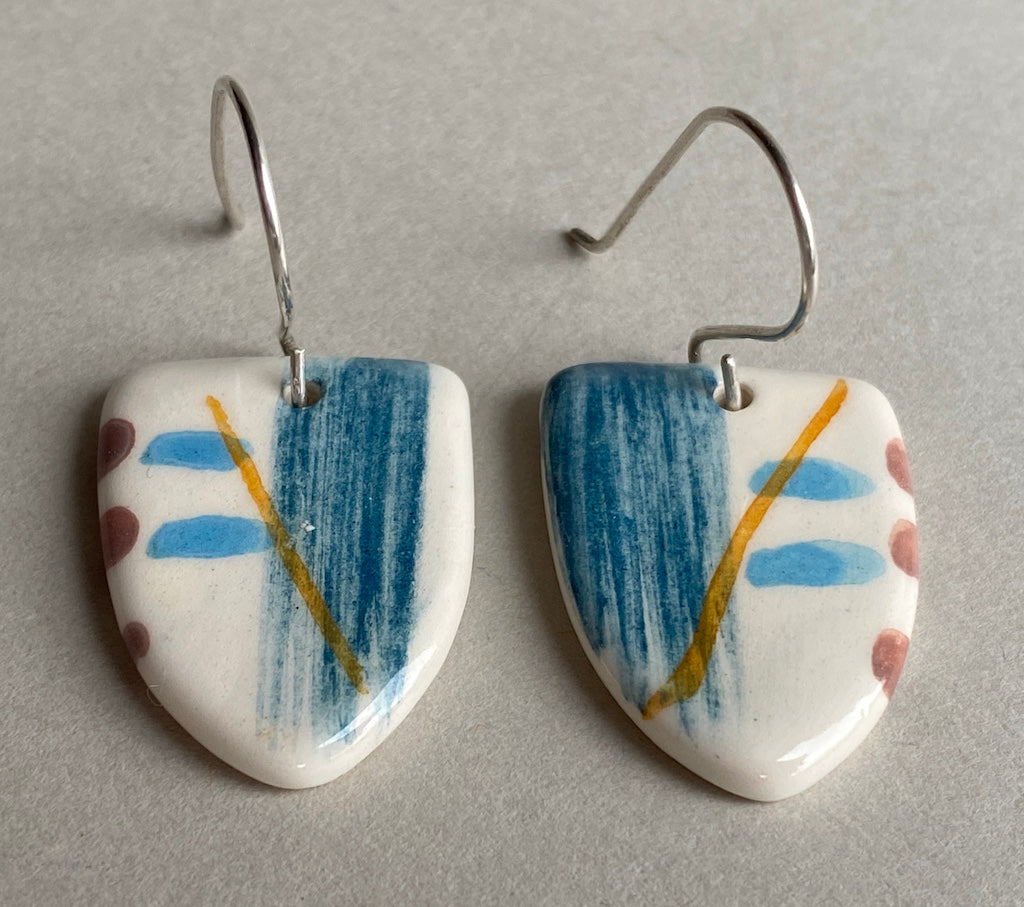 Ceramic Coastal Dangle Earrings - Navy Blue Glaze - Handmade Recycled Silver Wires