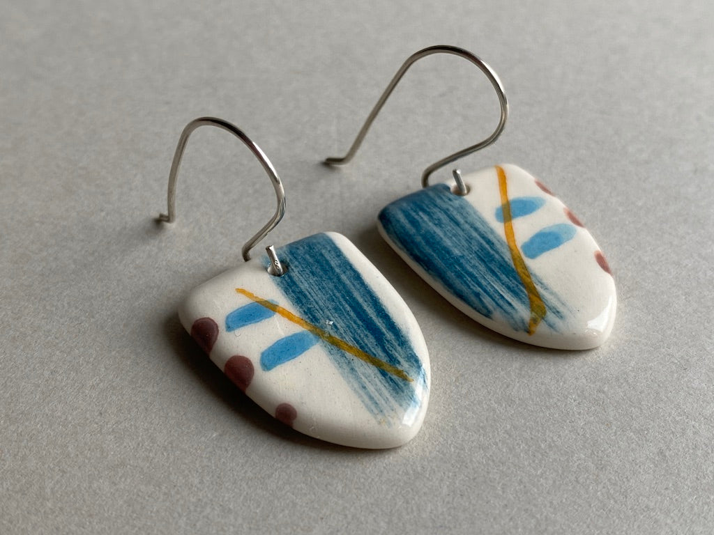 Ceramic Coastal Dangle Earrings - Navy Blue Glaze - Handmade Recycled Silver Wires