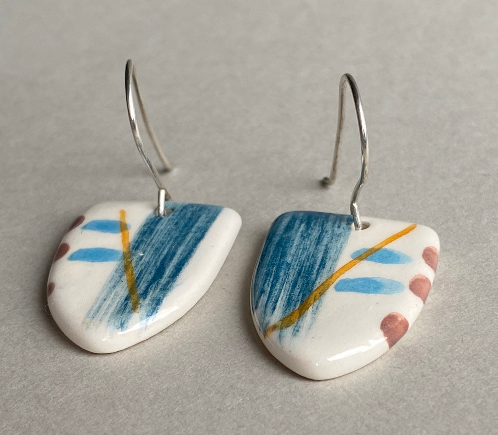Ceramic Coastal Dangle Earrings - Navy Blue Glaze - Handmade Recycled Silver Wires