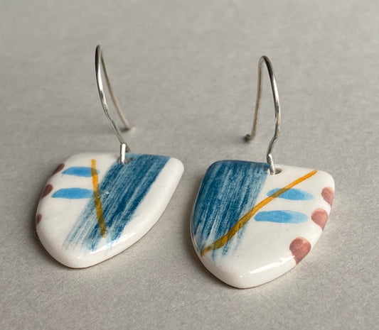 Ceramic Coastal Dangle Earrings - Navy Blue Glaze - Handmade Recycled Silver Wires
