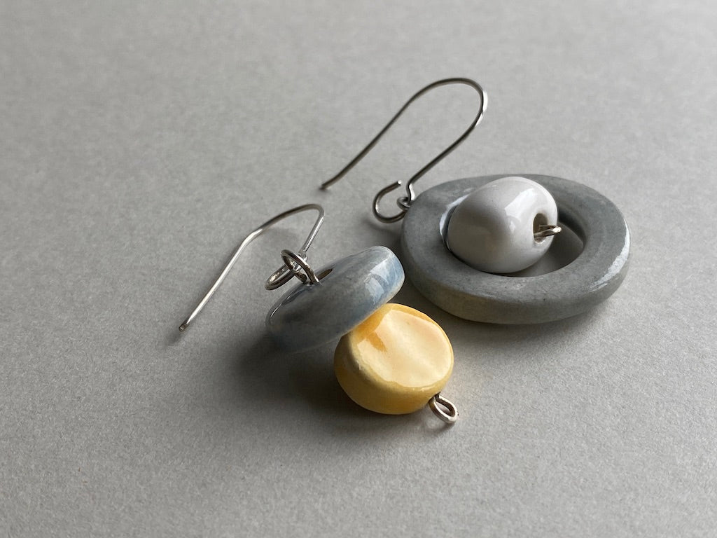 Handmade Ceramic Bead Unique Pastel Dangly Earrings-Sterling Silver-Pastel