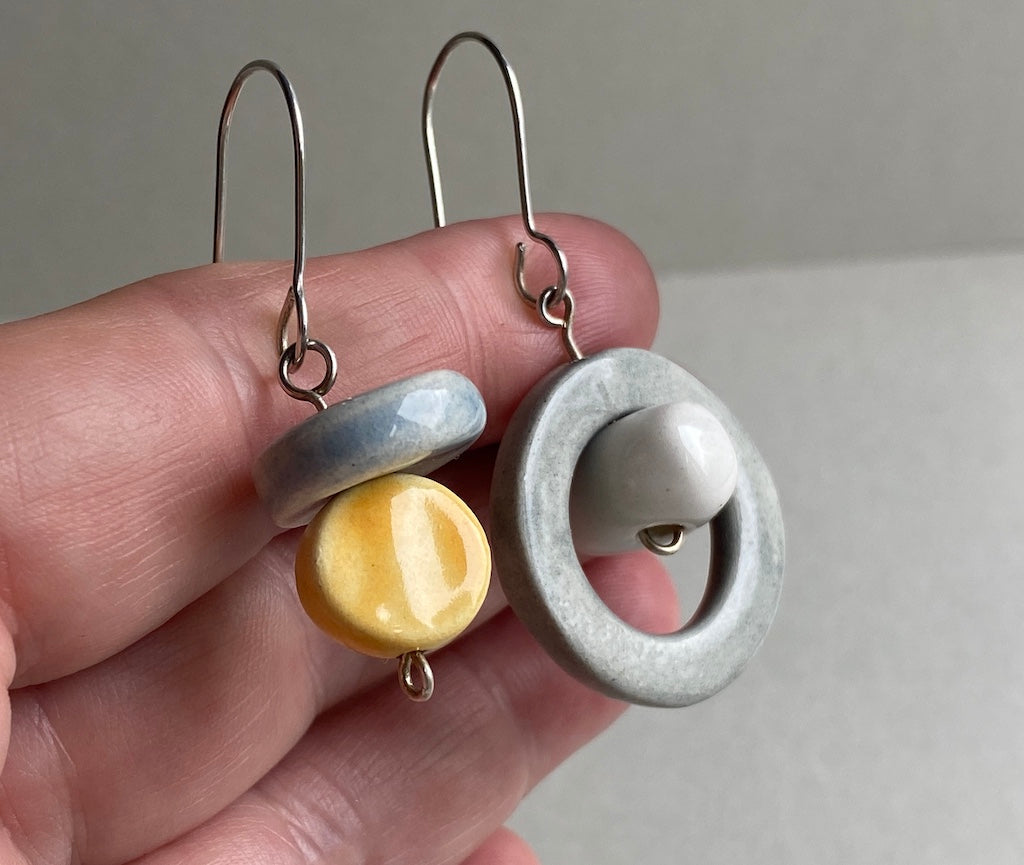 Handmade Ceramic Bead Unique Pastel Dangly Earrings-Sterling Silver-Pastel