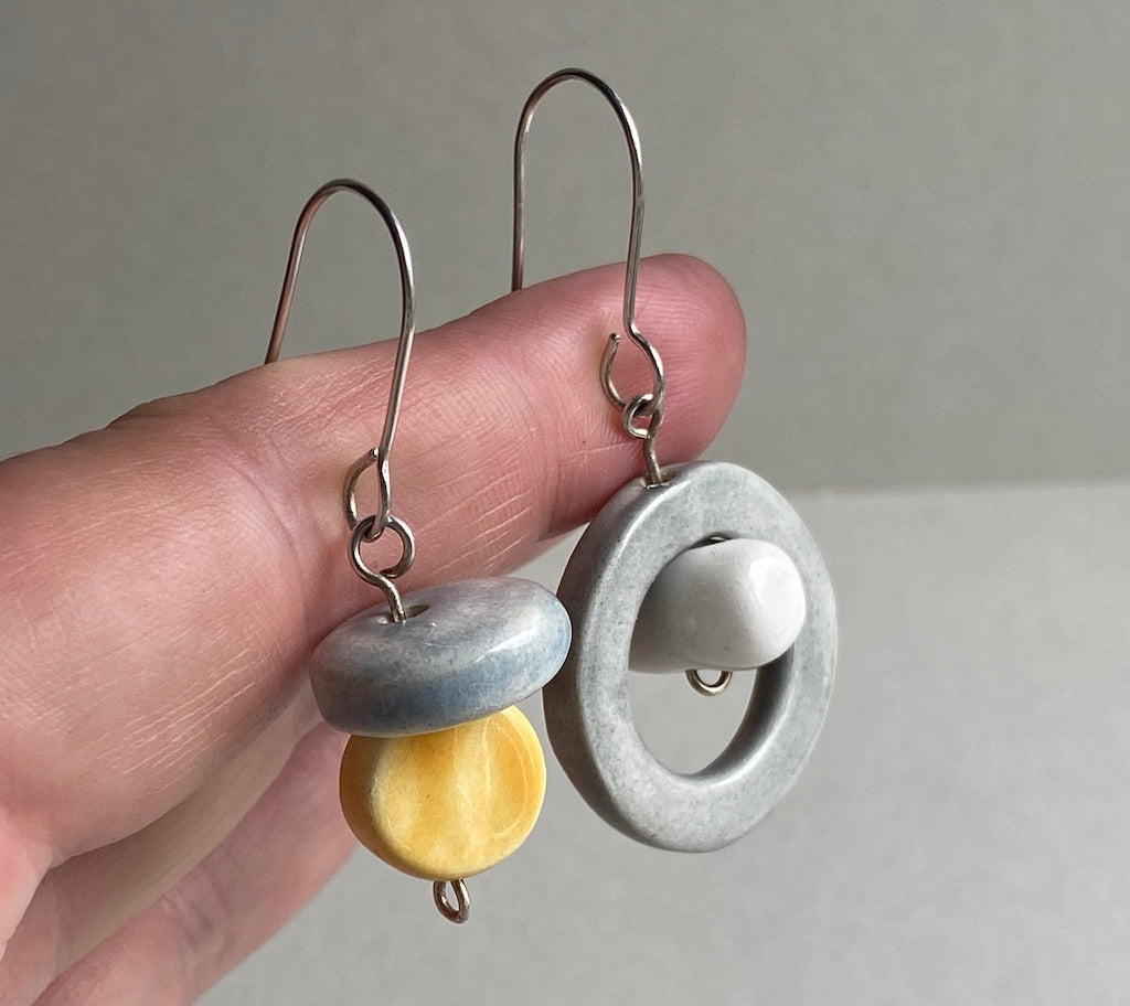 Handmade Ceramic Bead Unique Pastel Dangly Earrings-Sterling Silver-Pastel