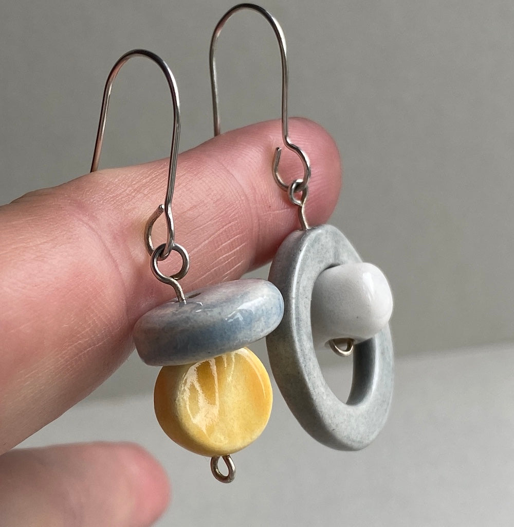 Handmade Ceramic Bead Unique Pastel Dangly Earrings-Sterling Silver-Pastel