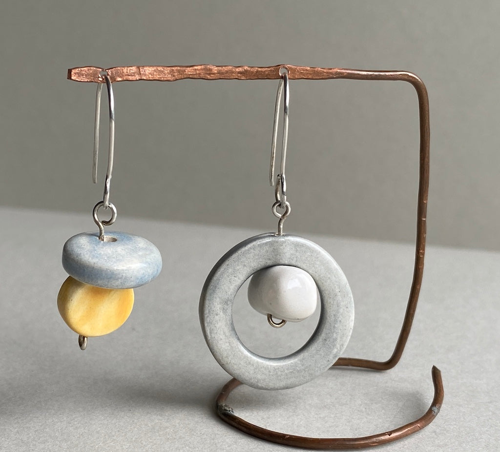 Handmade Ceramic Bead Unique Pastel Dangly Earrings-Sterling Silver-Pastel