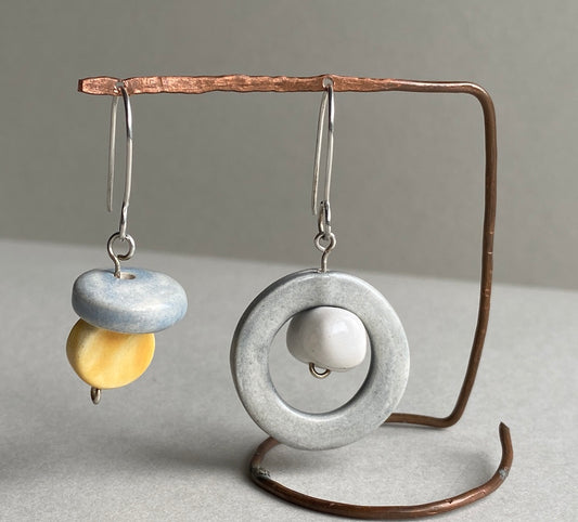 Handmade Ceramic Bead Unique Pastel Dangly Earrings-Sterling Silver-Pastel