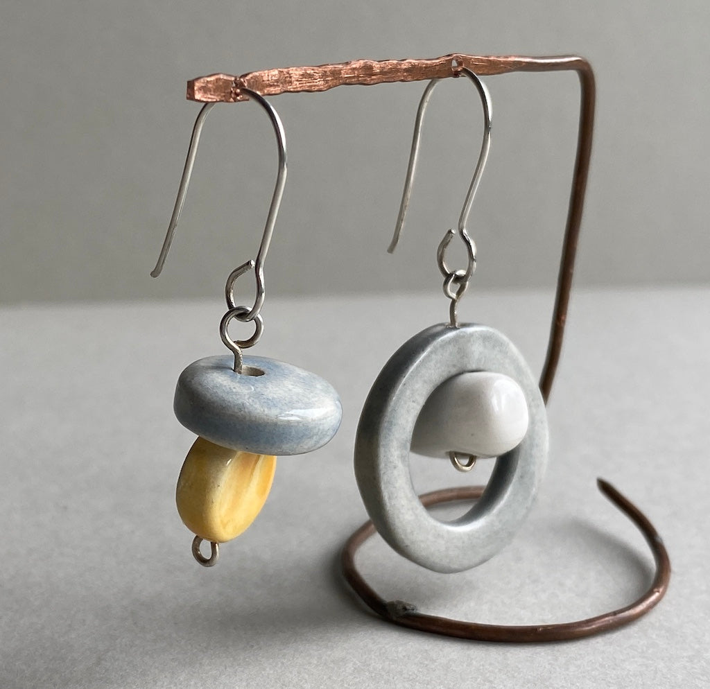 Handmade Ceramic Bead Unique Pastel Dangly Earrings-Sterling Silver-Pastel