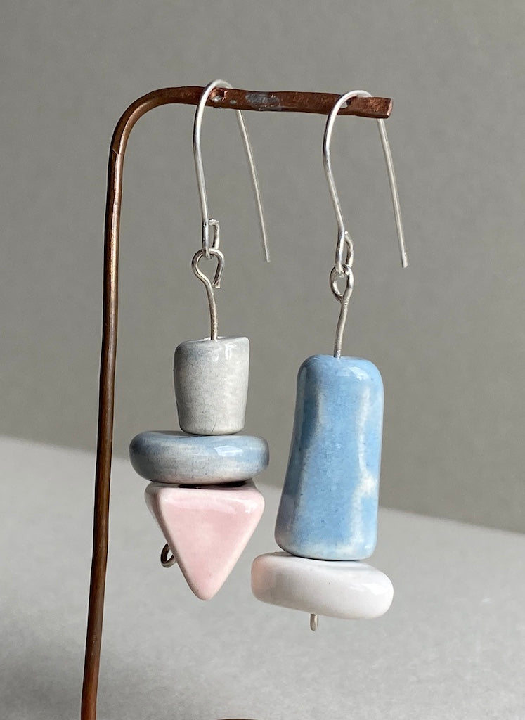 Pastel Charm: Handmade Ceramic Bead Dangly mismatched Earrings