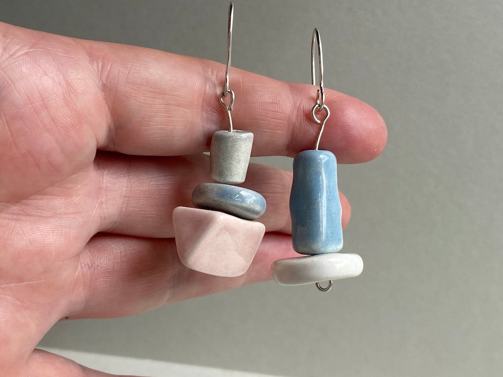 Pastel Charm: Handmade Ceramic Bead Dangly mismatched Earrings