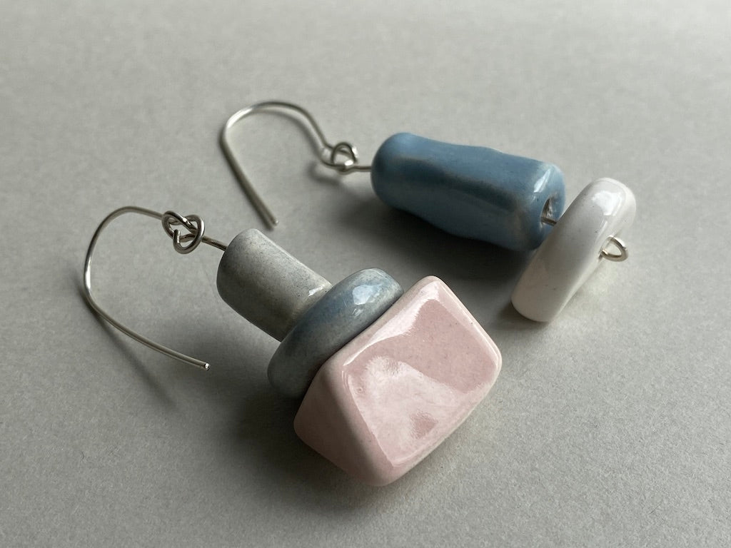 Pastel Charm: Handmade Ceramic Bead Dangly mismatched Earrings