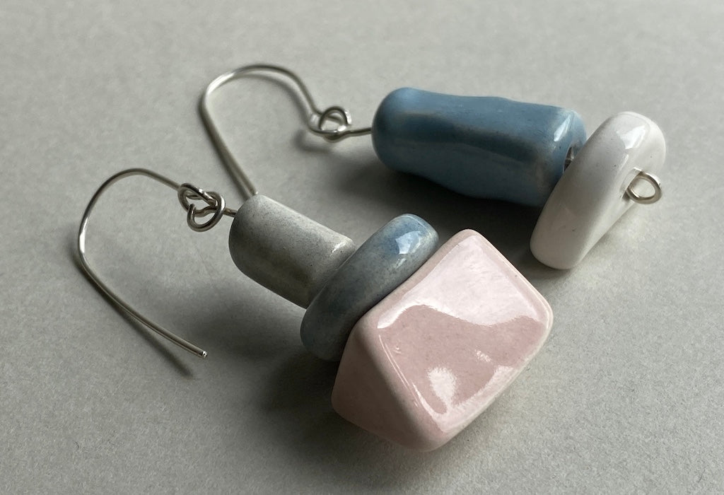 Pastel Charm: Handmade Ceramic Bead Dangly mismatched Earrings