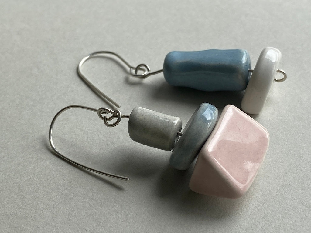 Pastel Charm: Handmade Ceramic Bead Dangly mismatched Earrings