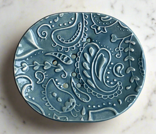 Soap Dish Blue Handmade Ceramic -Paisley design