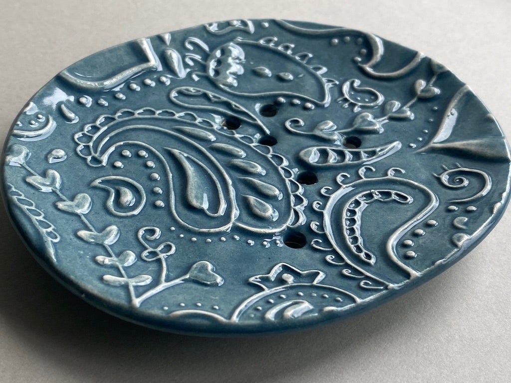 Soap Dish Blue Handmade Ceramic -Paisley design
