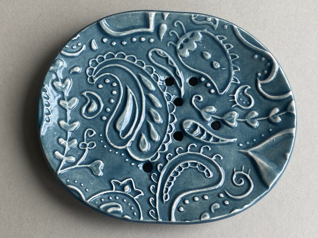 Soap Dish Blue Handmade Ceramic -Paisley design