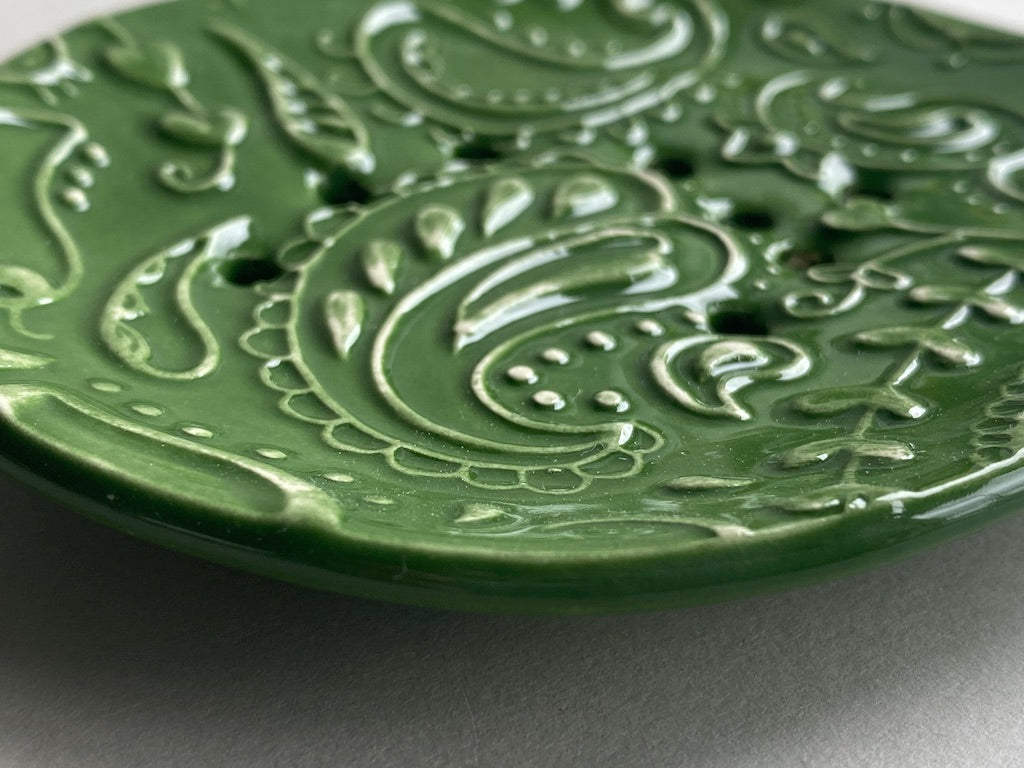 Soap Dish Handmade Ceramic Green Dish - paisley design