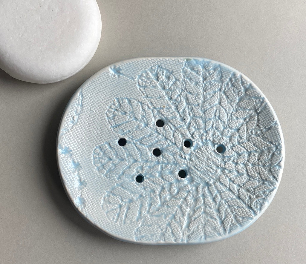 Handmade Soap Dish with Vintage Crochet Shawl Pattern baby blue